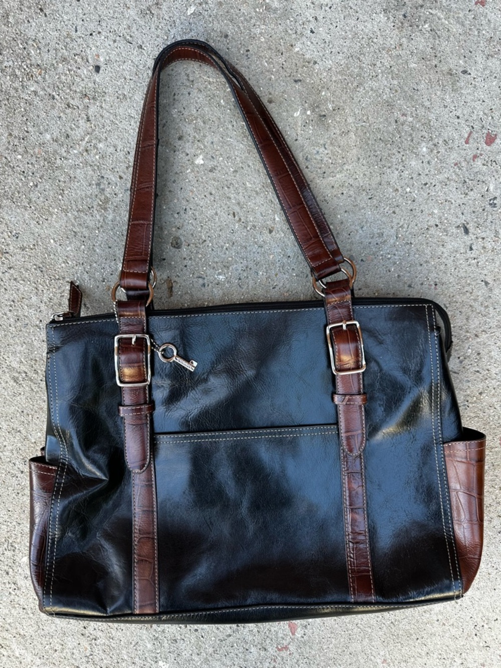 Fossil 2010s Black Brown Leather Handbag Computer Briefcase Croc Satchel UNUSED!